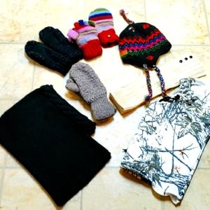 Winter hat, mitten, and leg warmer bundle.